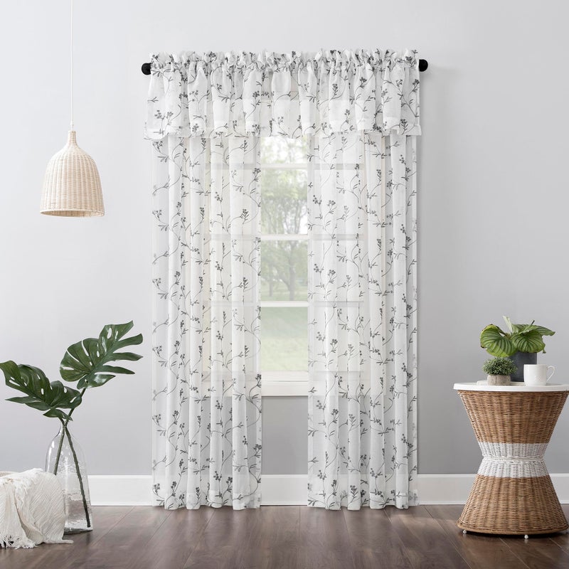 No. 918 Delia Embroidered Floral Sheer Rod Pocket Curtain Valance, 50" x 17", White - Image 5